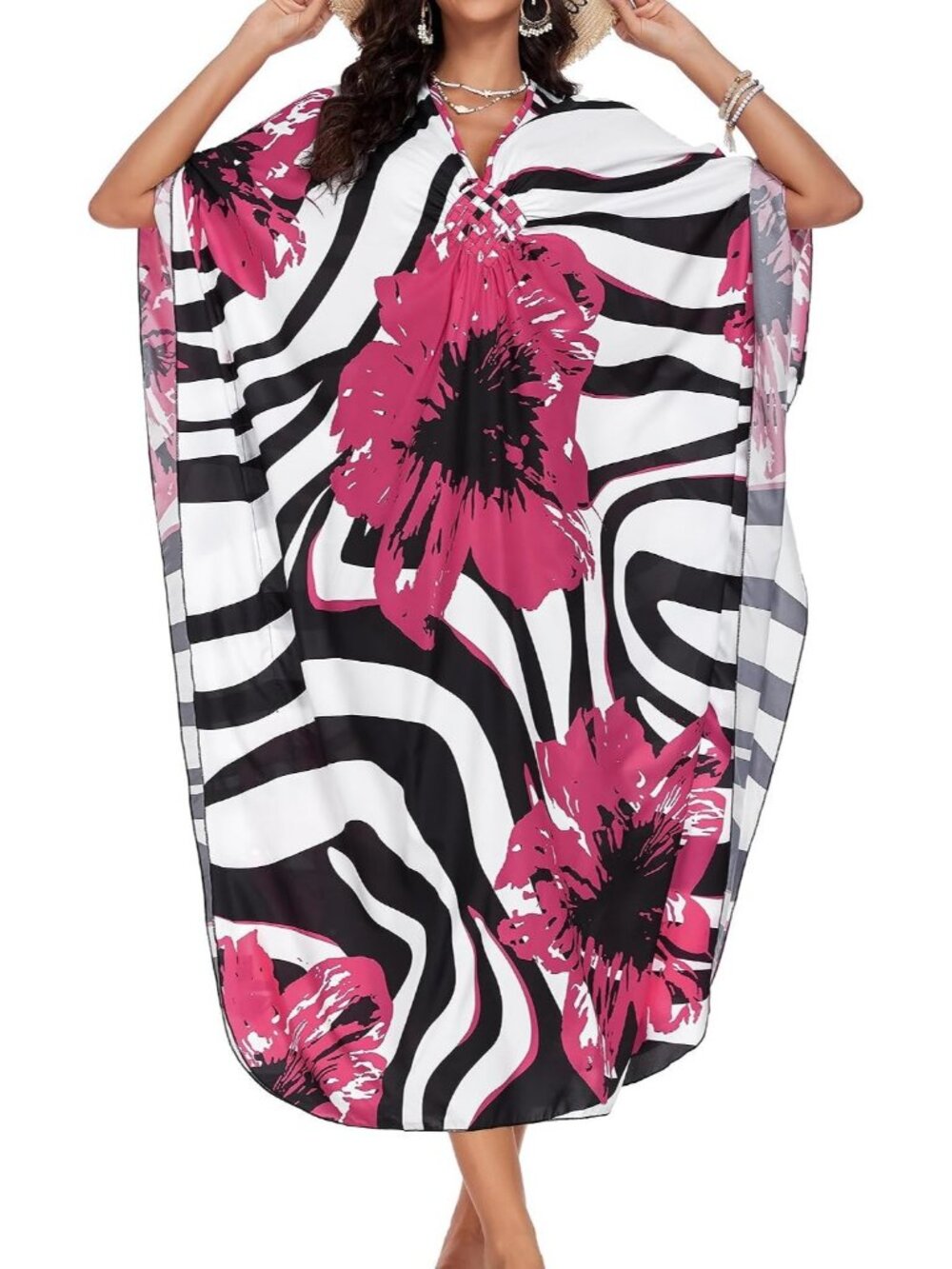 Women Rosy Red Flower Polyester Plus Size V Neck Printed Batwing Sleeves Coverup - Picture 5 of 6